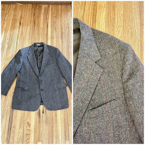 Vintage men's tweed wool blazer dark gray academia with braided wool buttons